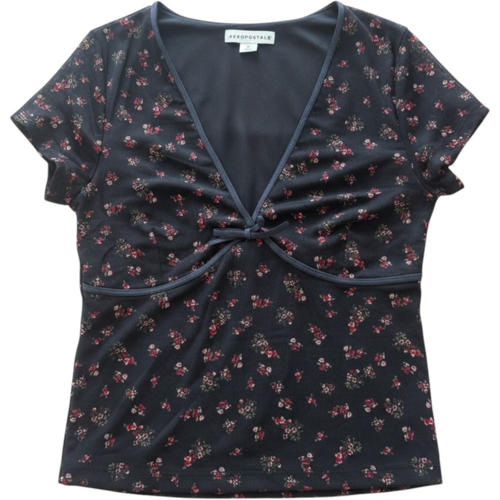 Aeropostale Womens Floral Mesh V-Neck Top Bow Detail Black Size M 4441